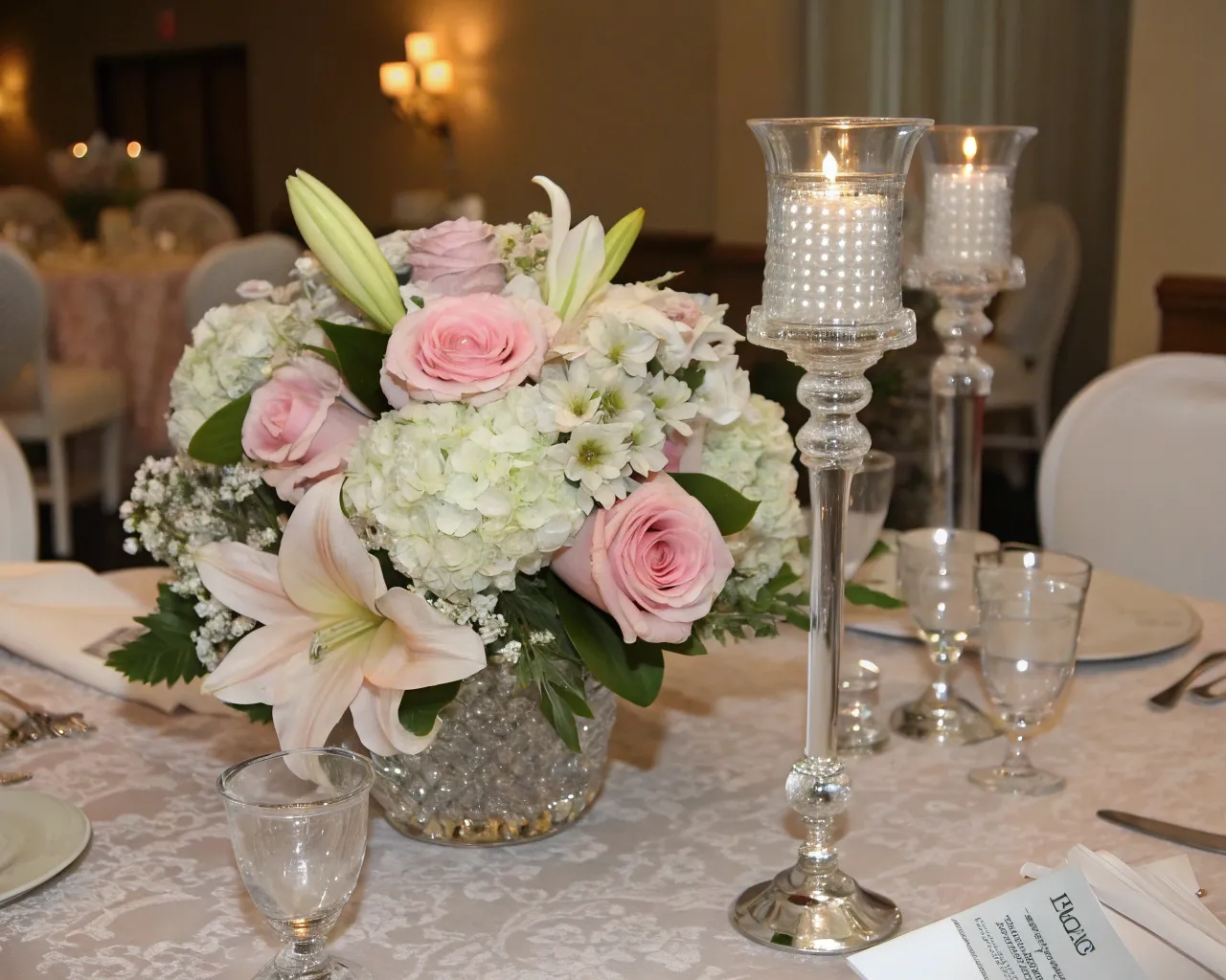 Sophisticated centerpiece arrangement for wedding reception