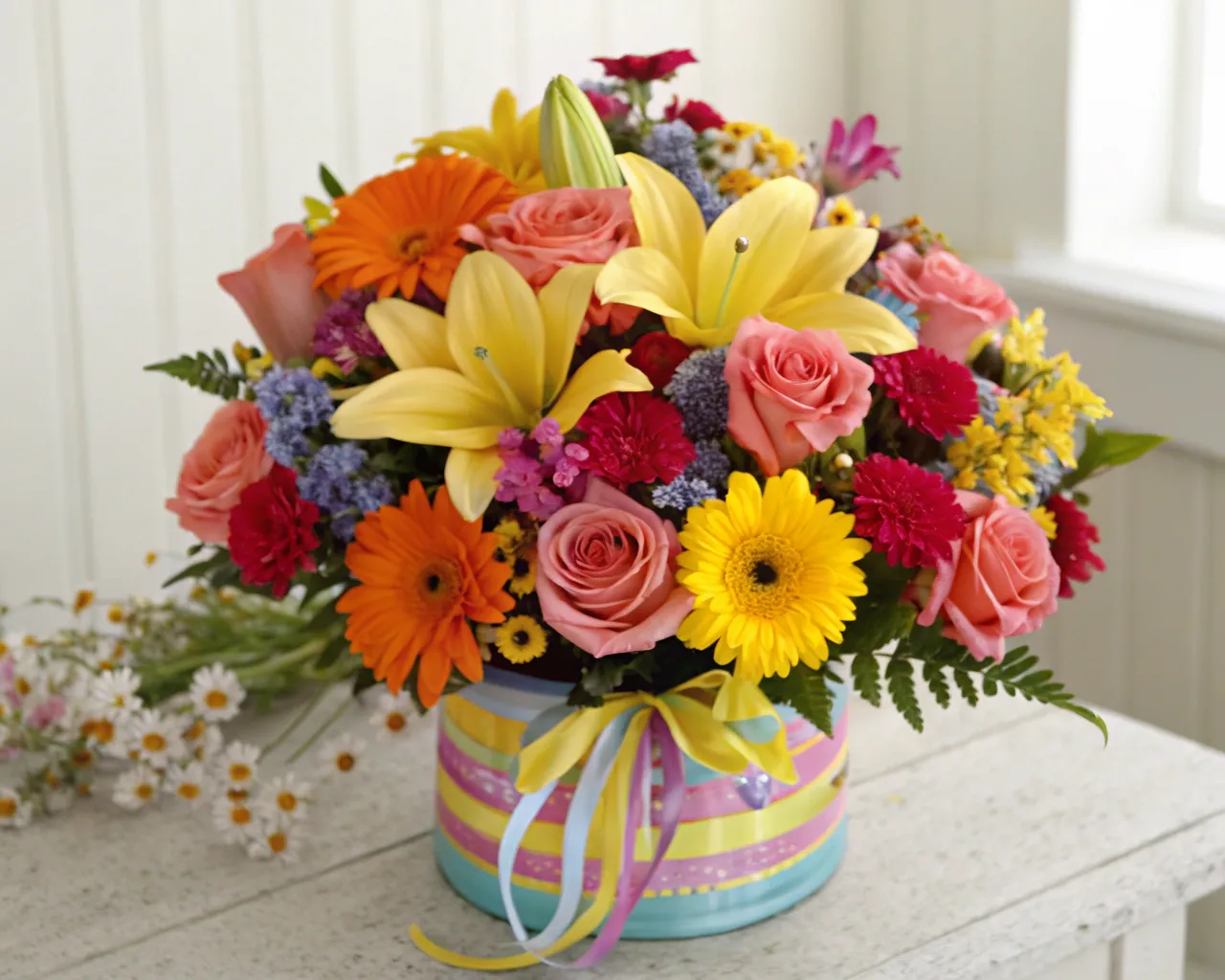Vibrant birthday celebration arrangement with mixed seasonal blooms