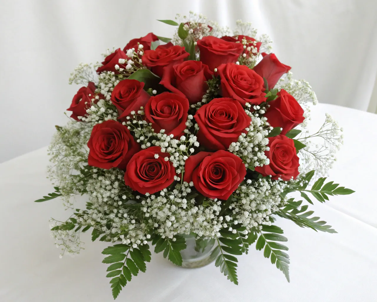 Elegant anniversary bouquet featuring red roses and baby's breath